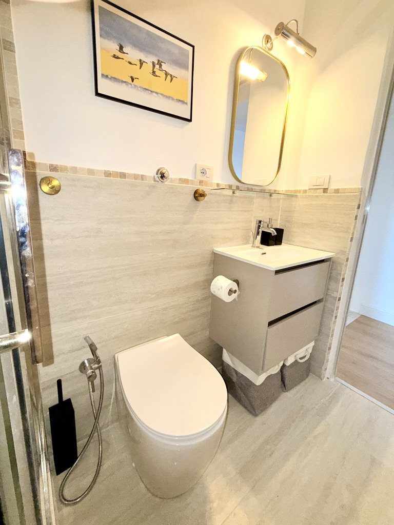 The bathroom, with a wall-hung vanity, a mirror and a toilet