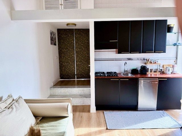 The living room with sofa bed and kitchenette