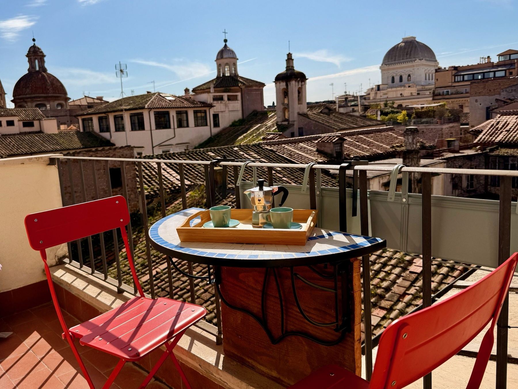 Balcony of Caesar’s Nest with a view over the rooftops of Rome’s Jewish Ghetto and the dome of the Great Synagogue